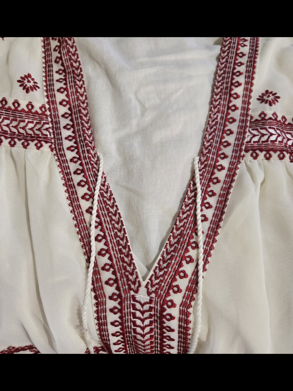 Topshop Embroidered Boho Peasant Blouse Red White Tie Front US 6 - Picture 5 of 7